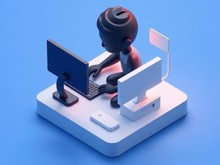 Cartoon image of black man working on two computers