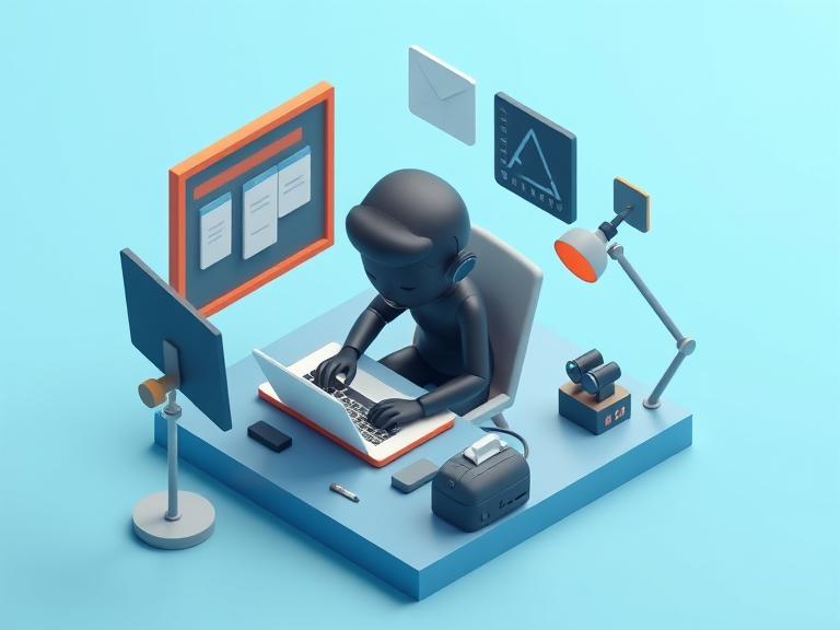 Cartoon image of black man typing on laptop in office