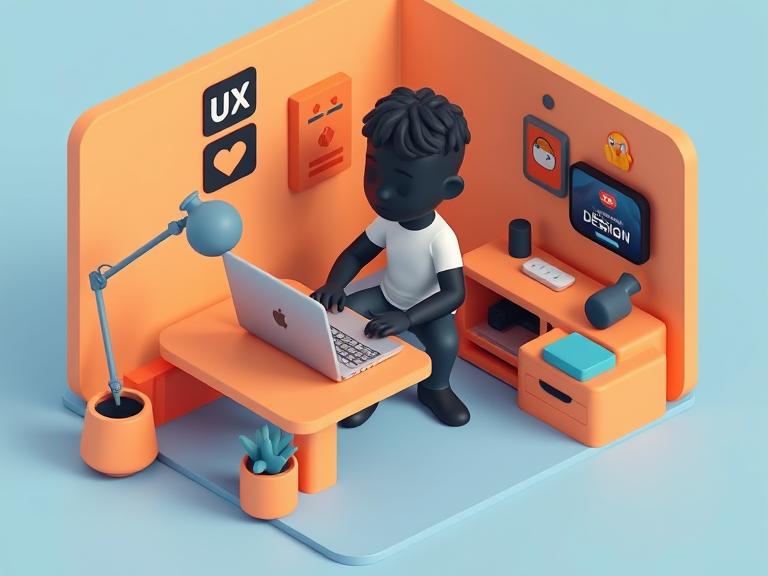 Cartoon image of black man on laptop in orange office