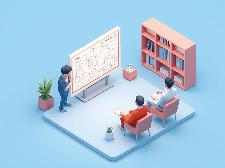 Cartoon man making a presentation to two people