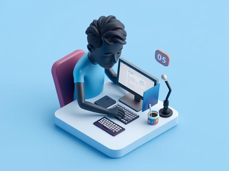 Cartoon image of man at a desk typing