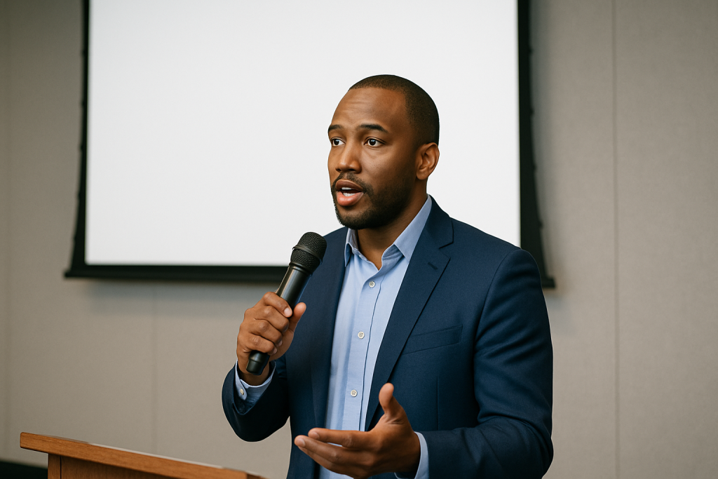 Black man speaking with a microphone