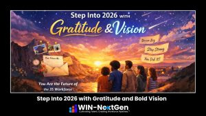 Gratitude & vision. Step into 2026 with gratitude and bold vision. image with 5 people looking into a sunrise and mountains