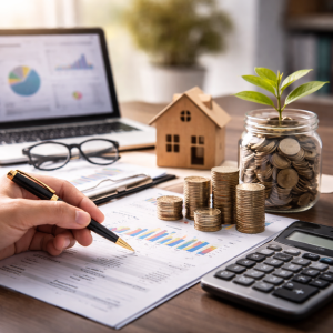 Image depicting a financial advisor creating a chart with computer screen and calculator