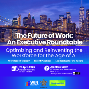 The future of work executive discussion flyer with new york city skyline in background