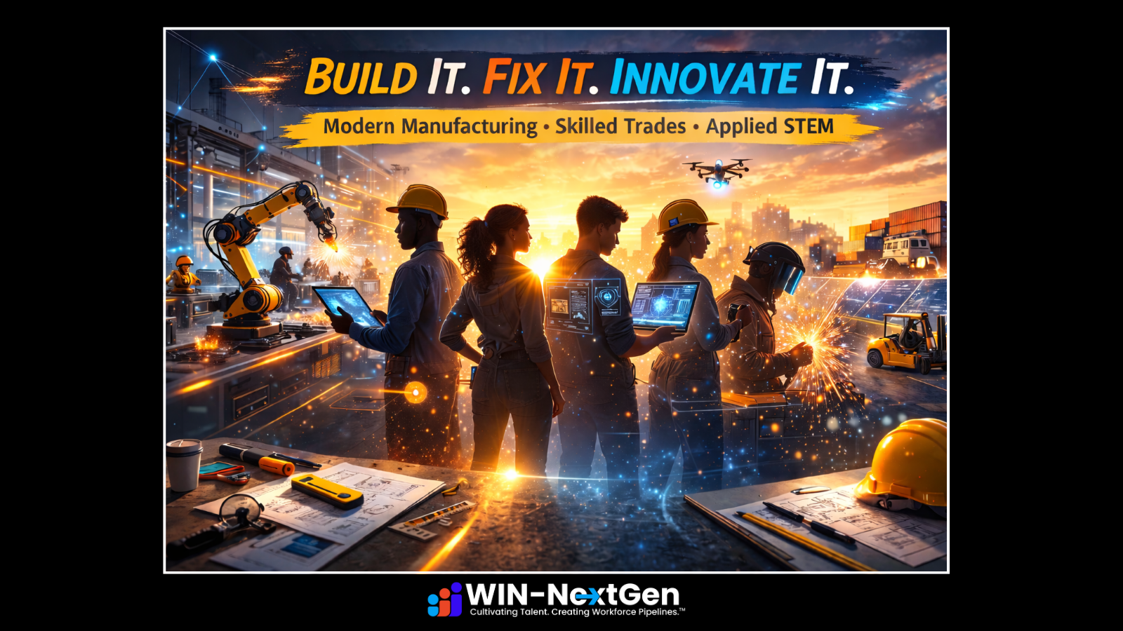 Build it. fix it. Innovate it. Feature image with people doing manufacturing tasks