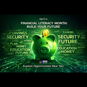 Financial Literacy Month: Build Your Future image with green piggy bank.