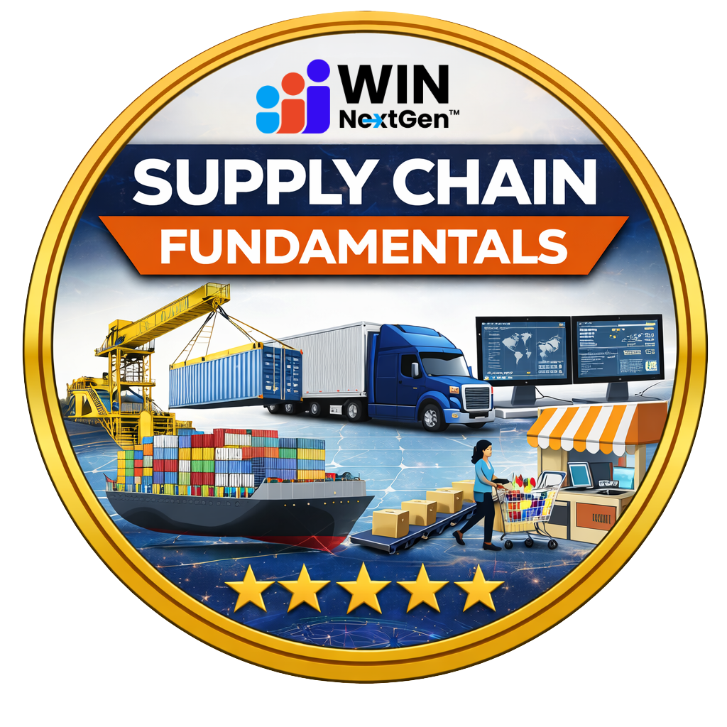 Supply Chain Fundamentals badge with images of container ship, trucks, and grocerys