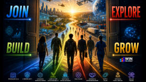 Join Build Explore Grow with image of people walking into the future