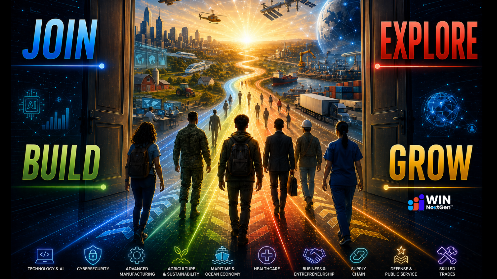 Join Build Explore Grow with image of people walking into the future